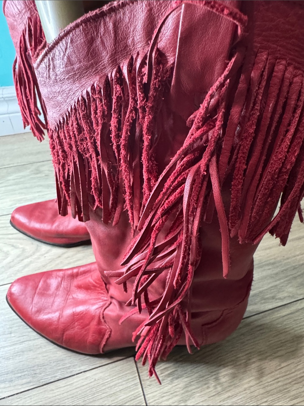 Western Red Fringe Leather Women's Boots - Picture 2 of 11